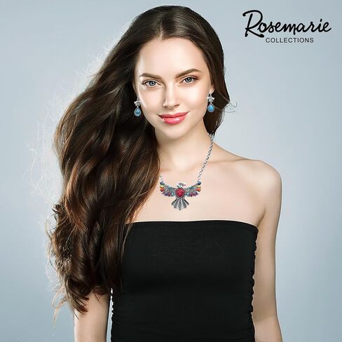 مجموعة هدايا أقراط على شكل قلادة من الفضة المصقولة على الطراز الغربي للسيدات من Rosemarie & Jubalee Aztec Thunderbird مع أحجار Howlite الملونة، 18+3 بوصة in Saudi Arabia