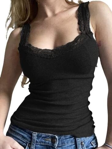 EMMIOL قمصان بدون أكمام من الدانتيل للنساء ملابس Y2K مثيرة، قمصان علوية كاجوال كلاسيكية بتصميم كامي in Kuwait