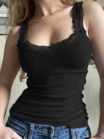 EMMIOL قمصان بدون أكمام من الدانتيل للنساء ملابس Y2K مثيرة، قمصان علوية كاجوال كلاسيكية بتصميم كامي in Kuwait