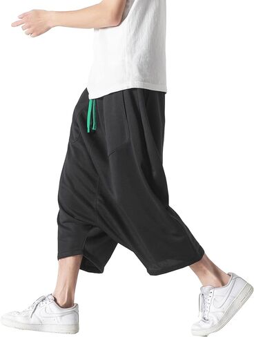 DOSLAVIDA سروال فضفاض للرجال منخفض المنشعب من القطن والكتان الهيب هوب بنطال واسع الساق بخصر مطاطي سروال رياضي قصير in Kuwait