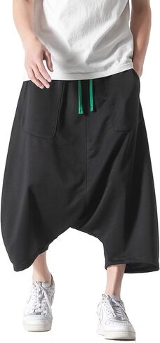 DOSLAVIDA سروال فضفاض للرجال منخفض المنشعب من القطن والكتان الهيب هوب بنطال واسع الساق بخصر مطاطي سروال رياضي قصير in Kuwait