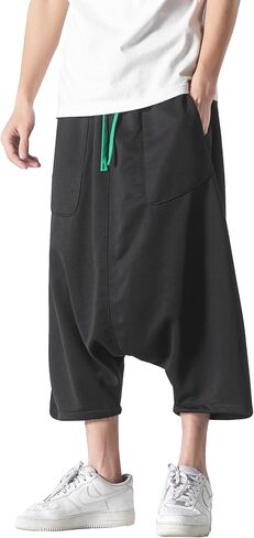 DOSLAVIDA سروال فضفاض للرجال منخفض المنشعب من القطن والكتان الهيب هوب بنطال واسع الساق بخصر مطاطي سروال رياضي قصير in Kuwait