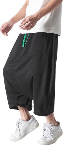 DOSLAVIDA سروال فضفاض للرجال منخفض المنشعب من القطن والكتان الهيب هوب بنطال واسع الساق بخصر مطاطي سروال رياضي قصير in Kuwait