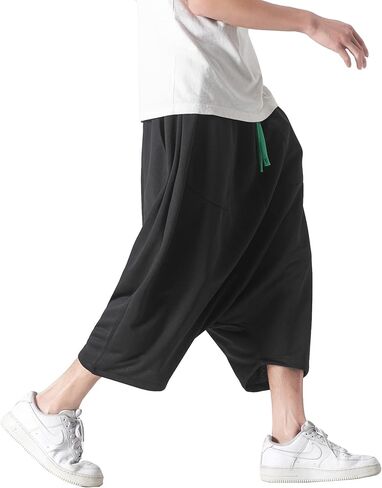 DOSLAVIDA سروال فضفاض للرجال منخفض المنشعب من القطن والكتان الهيب هوب بنطال واسع الساق بخصر مطاطي سروال رياضي قصير in Kuwait