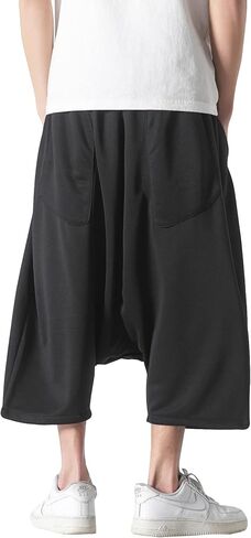 DOSLAVIDA سروال فضفاض للرجال منخفض المنشعب من القطن والكتان الهيب هوب بنطال واسع الساق بخصر مطاطي سروال رياضي قصير in Kuwait