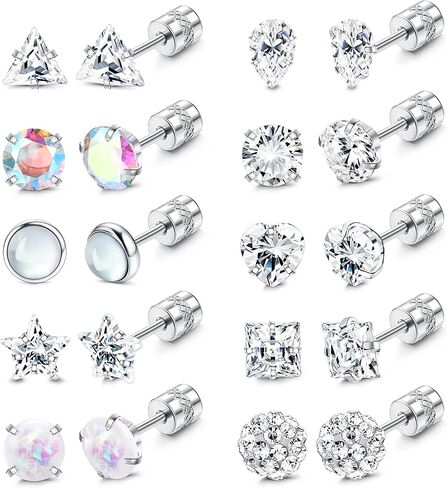 Subiceto 10 أزواج من الفولاذ المقاوم للصدأ مكعب زركونيا أقراط مجموعة للنساء الرجال المسمار الخلفي الأقراط أوبال جولة مربع القلب نجمة الكمثرى الكرة على شكل أقراط الماس فو تشيكوسلوفاكيا هيبوالرجينيك المسمار الأقراط ثقب المجوهرات 20 جرام in Kuwait