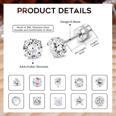 Subiceto 10 أزواج من الفولاذ المقاوم للصدأ مكعب زركونيا أقراط مجموعة للنساء الرجال المسمار الخلفي الأقراط أوبال جولة مربع القلب نجمة الكمثرى الكرة على شكل أقراط الماس فو تشيكوسلوفاكيا هيبوالرجينيك المسمار الأقراط ثقب المجوهرات 20 جرام in Kuwait