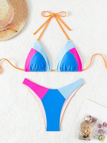 GORGLITTER Women's Color Block Swimsuit High Cut Waisted Thong Triangle Bikini Set Bathing Suit in Saudi Arabia