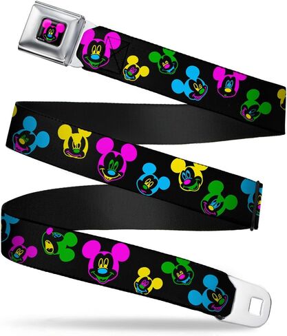 Buckle-Down Seatbelt Belt - Mickey Mouse Expressions Scattered Black/Multi Neon - 1.0" Wide - 20-36 Inches in Length in Saudi Arabia