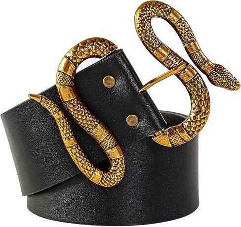 FAN&LOUIS حزام جلد الثعبان الأسود للنساء مع مشبك ثعبان ذهبي وفضي كبير لفساتين الجينز in Kuwait