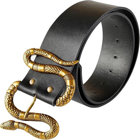FAN&LOUIS حزام جلد الثعبان الأسود للنساء مع مشبك ثعبان ذهبي وفضي كبير لفساتين الجينز in Kuwait