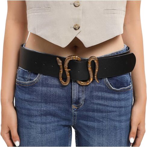 FAN&LOUIS حزام جلد الثعبان الأسود للنساء مع مشبك ثعبان ذهبي وفضي كبير لفساتين الجينز in Kuwait