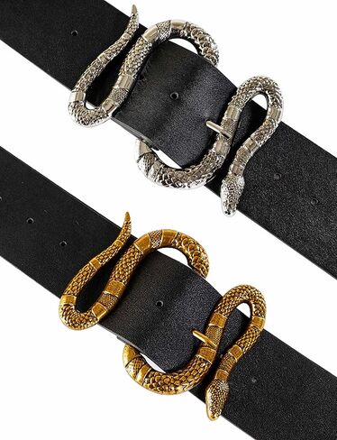 FAN&LOUIS حزام جلد الثعبان الأسود للنساء مع مشبك ثعبان ذهبي وفضي كبير لفساتين الجينز in Kuwait