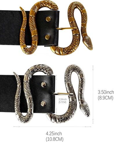 FAN&LOUIS حزام جلد الثعبان الأسود للنساء مع مشبك ثعبان ذهبي وفضي كبير لفساتين الجينز in Kuwait