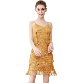IDOPIP Women Sequin Fringe Salsa Latin Dance Dress 1920s Gatsby Cocktail Flapper Dress Roaring 20s Ballroom Dancing Costume