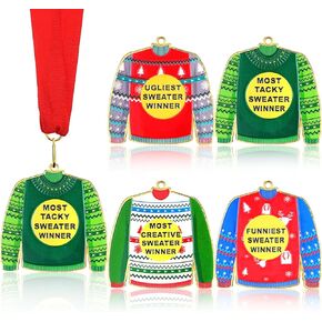 4 Pieces Christmas Ugly Sweater Medal Award Metal Ugly Sweater Contest Prizes with Ribbons for Christmas Tree Ornament Party Contest Winner Decorations