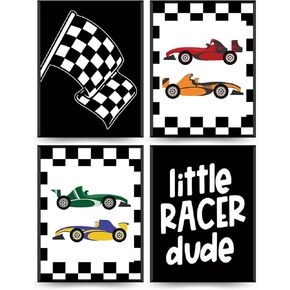 Race Car Room Decor for Boys,Little Racer Dude 8x10 Art Print,Buffalo Plaid Decor,Inspirational Boys Room Quote Wall Art Poster for Boy Playroom Bedroom Decor Set of 4 Unframed （Black）