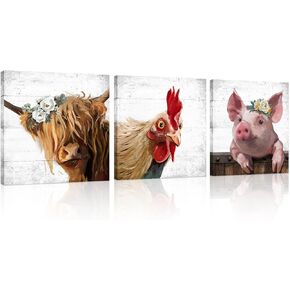 Farm Animal Farmhouse Wall Art: Highland Cow Rooster Pig Head Picture for Kitchen, 3 Piece Rustic Farmhouse Decor Vintage Canvas Print Living Room Home Decoration