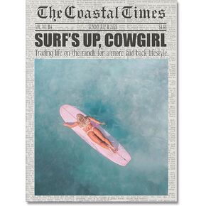 uoyien Vintage Coastal Beach Ocean Canvas Wall Art Cowgirl Aesthetic Room Decor Posters Trendy Preppy Surfe Newspaper Prints Summer Beachy Surfing Pictures for Teen Girl Dorm 12x16in Unframed