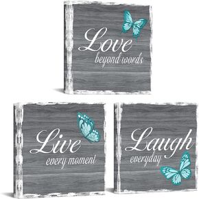 RnnJoile 3 Pieces Live Laugh Love Wall Art Decor Inspirational Quotes with Teal Butterfly in Gray Painting Poster for Home Living Room Bedroom Bathroom Kitchen Office Framed Ready to Hang 12x12 Inch