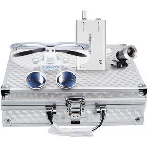 Dental Surgical 2.5X420mm Binocular Loupes + 3W LED Head Light Lamp + Aluminum Box (Silver) by SuperElight