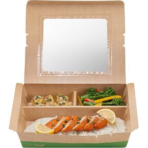 Restaurantware Eco Tek 51 Ounce Take Out Food Containers, 100 Disposable Bento Boxes - 3 Compartments, Transparent Window, Kraft And Green Paper To Go Boxes, For Take Out Orders Or Catering Services