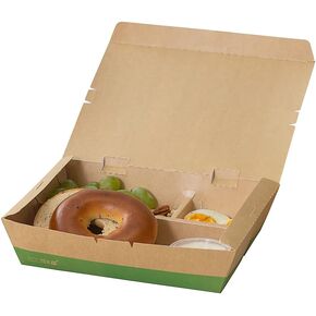 Restaurantware Eco Tek 51 Ounce Take Out Food Containers, 100 Disposable Bento Boxes - 3 Compartments, Transparent Window, Kraft And Green Paper To Go Boxes, For Take Out Orders Or Catering Services