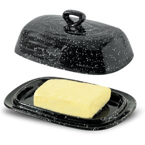 Glowworm Butter Dish with Lid, Ceramic 7.7" Butter Keeper with Cover, Large Butter Dish for Countertop, Butter Holder for Refrigerator, Black Kitchen Decor, Wedding Housewarming Gift