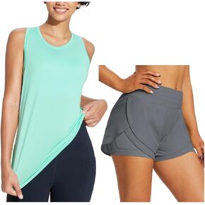 BALEAF Women's Workout Tops Racerback with Workout Shorts L