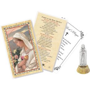 Mini Rosa Mystica Statue (2 Inch) - Laminated Virgin Mary Prayer Card, The Lord's Prayer Card - Maria Rosa Mistica Statue for Car, Home Decor - Rosa Mistica Virgen Estatua - 3 Items Total