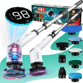 Electric Spin Scrubber, Cordless Shower Scrubber with 8 Replaceable Brush Heads and 3 Adjustable Speeds, LED Display and Extension Handle, Power Cleaning Brush for Bathroom Tub Grout Tile Floor