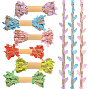 12Pcs 65 Feet Burlap Leaf Ribbon,6 Colors Natural Jute Vine Twine with Artificial Vine Leaves, Hanging Hemp Rope for DIY Crafts Wedding Home Garden Artworks Jungle Safari Party Decorations