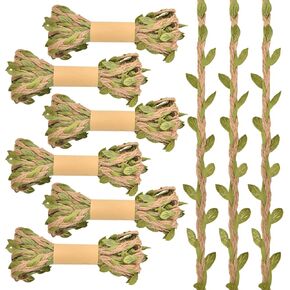 12Pcs 65 Feet Burlap Leaf Ribbon,6 Colors Natural Jute Vine Twine with Artificial Vine Leaves, Hanging Hemp Rope for DIY Crafts Wedding Home Garden Artworks Jungle Safari Party Decorations