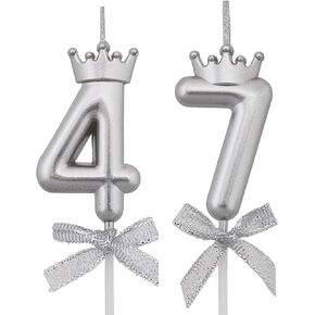 47 74 Birthday Candles, 47th 74th Cake Candles, Silver Happy Birthday Number 47 74 Candles Cake Topper Decorations for Party Men Women