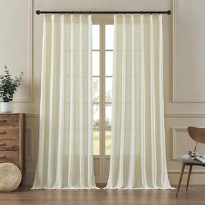 102 Inch Long Pinch Pleat Curtains Semi Sheer Linen Curtains for Living Room 2 Panels Set Light Filtering Pleated Window Curtain with Hooks Floor Ceiling Bedroom Natural W38xL102