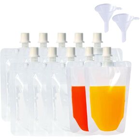 10 Pack Reusable Drink Pouches Flask Bags Plastic Juice Pouch Drinking BPA Free Water Bags For Camping Cruise Travel Concert Events Seed Storage Bags Funnel Included (8oz)