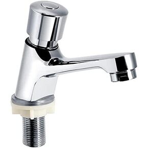 POMU Public Ktchen Bathroom Chrome Plated Self Closing Water Saving Time Delay Faucet Basin Sink Tap for Home or Outdoor Single Cold