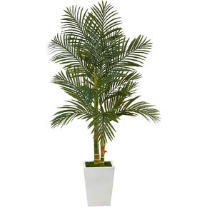 Nearly Natural 5.5ft. Golden Cane Artificial Palm Tree in White Metal Planter