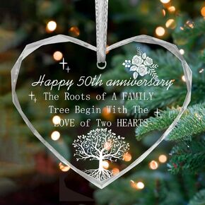 Happy 50th Anniversary Wedding Presents,50th Wedding Transparent Crystal Glass Memorial Keepsake Heart Hanging Present Ornaments for Old Couples Parents Friends Her Him Wife Husband