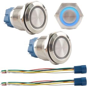Paialu 2 قطعة 22 مم مفتاح زر الضغط، 12 فولت مقاوم للماء حلقة زرقاء ضوء LED مفتاح زر ضغط معدني مع قابس توصيل - 1NO 1NC مفتاح ضغط دائري للسيارة قارب بحري in Kuwait