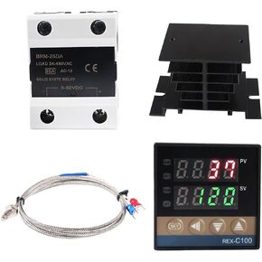 Digital PID Temperature Controller REX-C100 PID Thermostat Temperature Controller Digital REX C100 with 25DA SSR Relay K Thermocouple Probe RKC and Black Heat Sink