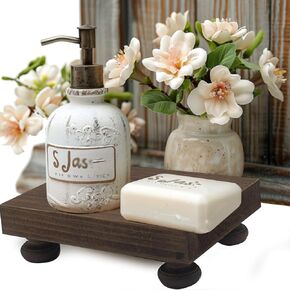 Farmhouse Wooden Risers Display Stands: Retro Charm for Your Kitchen or Bathroom Decor, Rustic Pedestal Stand and Soap Holder - Perfect Tray Accent for Home Enhancement (Black)