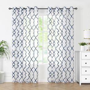 Urban Lotus Moroccan Embroidered Curtains for Kids 63-inches Long White and Blue Linen Textured Semi Sheer Curtains Navy Geometric Lattice Tile Embroidery Pattern Drapes, Rod Pocket, 52" Wide 1 Pair