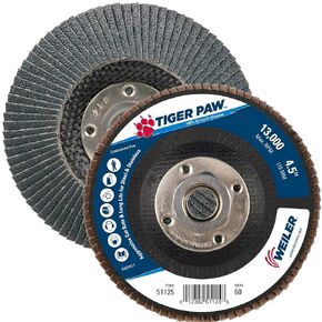 Weiler 51123 4-1/2" Tiger Paw Abrasive Flap Disc, Conical (Ty29), Phenolic Backing, 36Z, 5/8"-11 Unc Nut (Pack of 10)