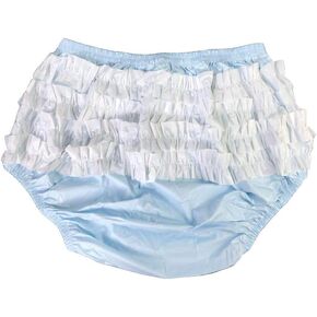 Adult Frilly Plastic Rumba Incontinence Pull-on Plastic Pants with White PVC Frilly (Small, Baby Blue)