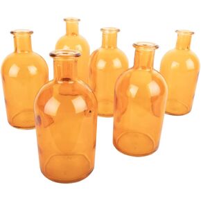 Koyal Wholesale Glass Bud Vases, Small Apothecary Bottles, Bulk Decorative Jars, Vintage Centerpieces for Wedding Reception, Mini Flower Vases, Small Medicine Bottles for Home Decor, Amber, Set of 6