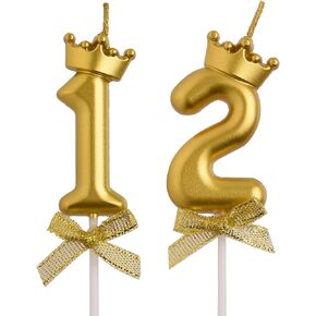 12th Birthday Candles, Gold 3D Number 12 Happy Birthday Candle Cake Topper Decorations for Teenagers Boys Girls