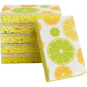 CELOX 6 Pack Lemon Printed Dual Sided Scrub Dish Sponges, Non Scratch Sponge for Kitchen Cleaning, 4.5" x 2.8" x 0.8"