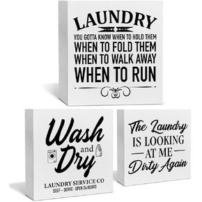 3 Pcs Laundry Room Wood Box Signs Decor for Home Farmhouse Laundry Room Tiered Tray Decor Table Desk Shelf Wall Decoration