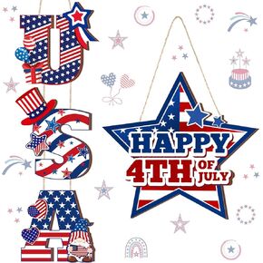 Ferraycle 2 Pcs 4th of July Hanging Sign Patriotic Front Door Decorations USA Stars Wooden Signs Memorial Day Hanging Decorations for Independence Day Home Front Porch Walls Indoor Outdoor Decor